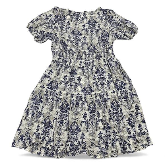 Women Lantern Sleeve Mini Dress Elastic Waist A-Line Blue Baroque Print Size L - Picture 6 of 7